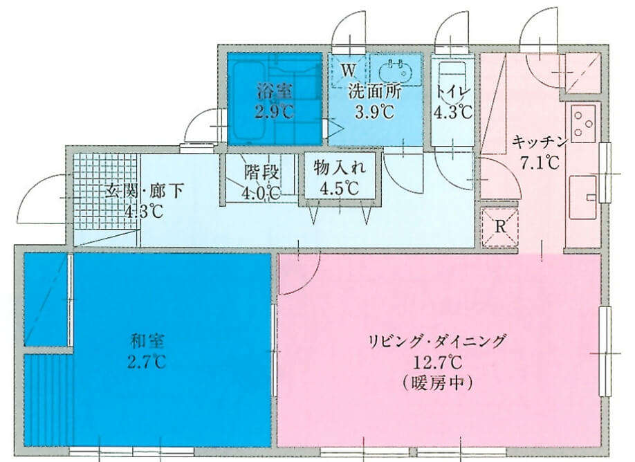 玄関、洗面所、トイレなどはで平均4℃程度、暖房中のリビングも12.7℃